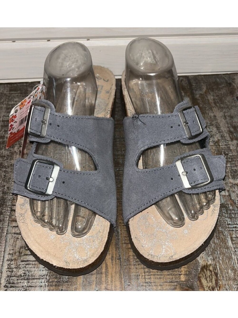 NWOB MUK LUKS Sz 11 MARLA Gray Suede Slide Sandals Two Buckle Cork Footbed